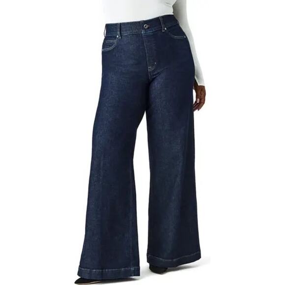 Spanx Wide Leg Pull On High Rise Shaping Jeans Dark Wash Size Large - Picture 1 of 10
